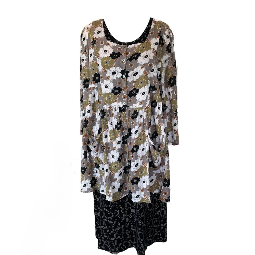 Classic Gudrun Sjoden 2-Piece Floral Tunic Blouse over Midi Tank Dress M/L
